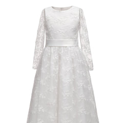 Girls Long Sleeve White Lace Flower Girl Dresses Floor Length Prince Gowns