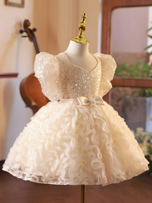 Puffy Sleeve Birthday Party Dress Sequnis A Line Princess Gown with Bow