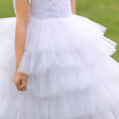 Cute Kids Layer Cake Princess Dress Round Neck White Lace Flower Girls Dresses