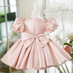 Cute Puff Sleeve Birthday Party Dresses with Bow A Line Pink Satin Princess Gowns