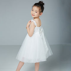 Girls Sleeveless V Neck Tulle Dress Simple Princess Flower Girl Dresses with Bow