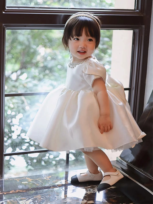 Cute Puff Sleeve Satin Princess Dress with Bow A Line Birthday Party Gowns