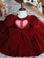 Kids Puffy Sleeve Red Velvet Princess Dress with Bow Sequins Holiday Party Gown