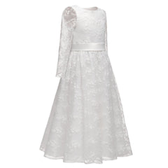 Girls Long Sleeve White Lace Flower Girl Dresses Floor Length Prince Gowns