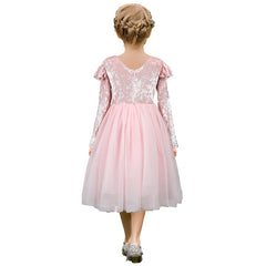 Kids Long Sleeve Velvet Princess Dresses Cute Round Neck Flower Girls Dress