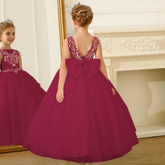 Kids Floor Length Prince Dresses with Bow V Back Sleeveless Flower Girls Dresses