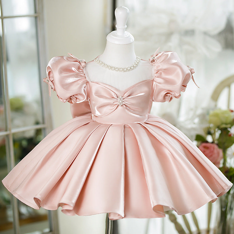 Cute Puff Sleeve Birthday Party Dresses with Bow A Line Pink Satin Princess Gowns