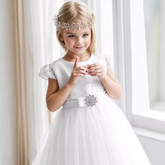 Round Neck Flower Girl Dresses Cape Sleeve Lace First Holy Communion Dress Tulle Gown