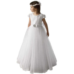 Round Neck Flower Girl Dresses Cape Sleeve Lace First Holy Communion Dress Tulle Gown