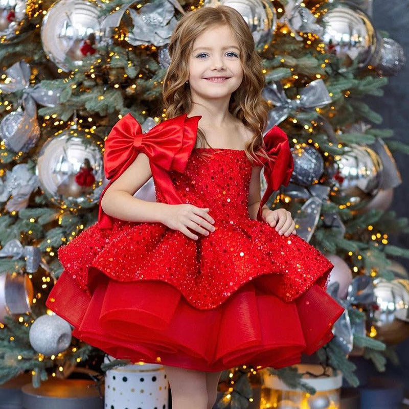 Girls Sequins Holiday Dresses with Bows Baby Birthday Party Dress Formal Princess Gown