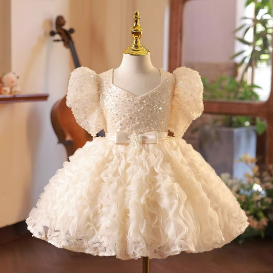 Puffy Sleeve Birthday Party Dress Sequnis A Line Princess Gown with Bow