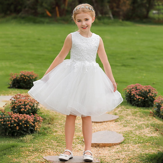 Sleeveless Flower Girl Dresses Cute A Line Solid Princess Dress Round Neck Tulle Gown