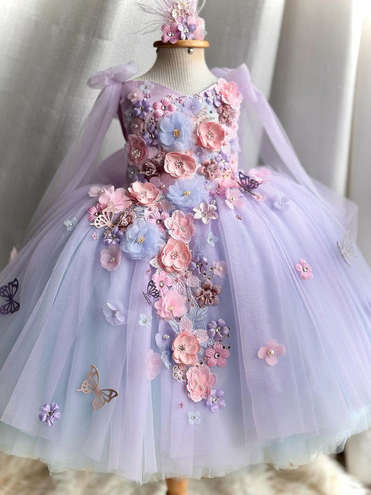 Purple Flower Girl Dress with Bow Cute Princess Dress Embroidery Tulle Gowns