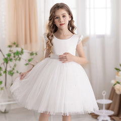 Cape Sleeve Girls Birthday Party Dreses with Bow A Line Tulle Gown for Kids