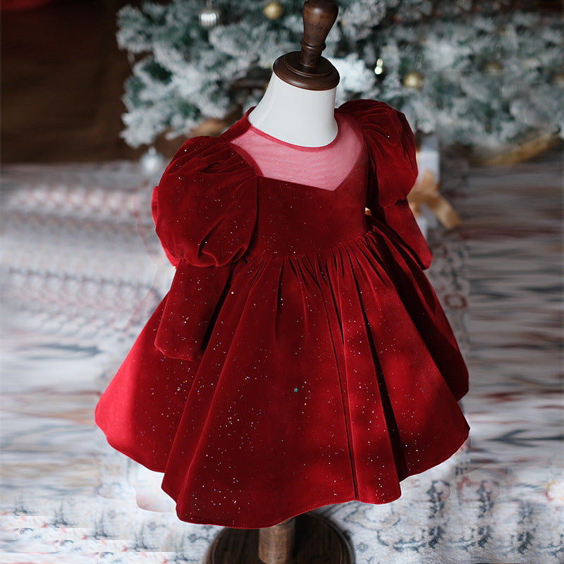 Kids Puffy Sleeve Red Velvet Princess Dress with Bow Sequins Holiday Party Gown