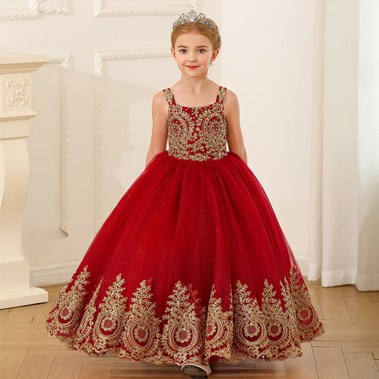 Little Girls Burgundy Sequin Pageant Dresses Kids Birthday Party Floor Length Gown