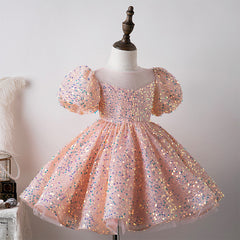 Little Girls Cute Sequins Princess Dresses Kids Puff Sleeve Holiday Dress Party Gowns