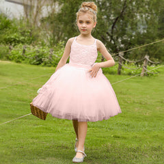 Cute Slip Flower Girls Dresses Sleeveless A Line V Back Tulle Gown with Bow