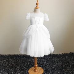 Cute Puff Sleeve Princess Dresses A Line Flower Girls Dresses Soft Tulle Gown