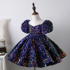 Little Girls Cute Sequins Princess Dresses Kids Puff Sleeve Holiday Dress Party Gowns