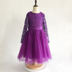 Cute Bow Tie Flower Girls Dresses Long Sleeve Lace Princess Dress Multi Colors