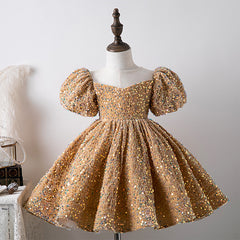 Little Girls Cute Sequins Princess Dresses Kids Puff Sleeve Holiday Dress Party Gowns