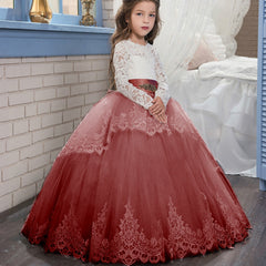 Flower Girls Ball Gowns Lace Appliques Ruffled Long Sleeves Back Hole Princess Floor Length Girl Pageant Dresses