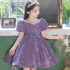 Little Girls Cute Sequins Princess Dresses Kids Puff Sleeve Holiday Dress Party Gowns