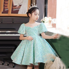 Little Girls Cute Sequins Princess Dresses Kids Puff Sleeve Holiday Dress Party Gowns