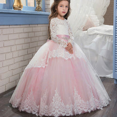 Flower Girls Ball Gowns Lace Appliques Ruffled Long Sleeves Back Hole Princess Floor Length Girl Pageant Dresses