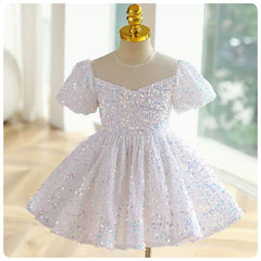 Little Girls Cute Sequins Princess Dresses Kids Puff Sleeve Holiday Dress Party Gowns