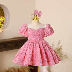 Little Girls Cute Sequins Princess Dresses Kids Puff Sleeve Holiday Dress Party Gowns