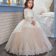 Flower Girls Ball Gowns Lace Appliques Ruffled Long Sleeves Back Hole Princess Floor Length Girl Pageant Dresses