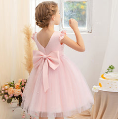 Cape Sleeve Girls Birthday Party Dreses with Bow A Line Tulle Gown for Kids