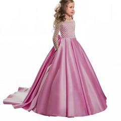 Long Sleeves Christmas Flower Girl Dress Floor Length Button Draped Tulle Ball Gowns for First Communion Pageant Birthday Party