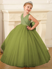 Girls' Cross Bust Flower Girl Dresses with Bow Sleeveless Silk Satin Tulle Gown