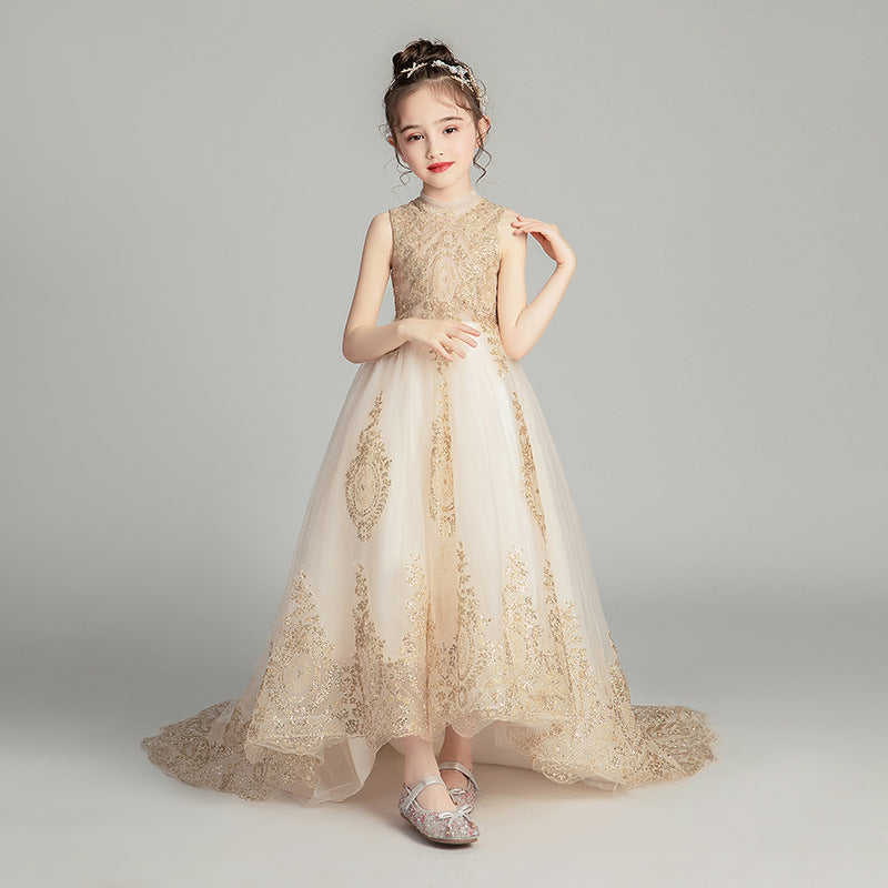 Off Shoulder Girl Wedding Dress Golden Sequin Lace Kids Party  Trailing Gowns Kids Baptism Pageant Gown Flower Girl Dresses