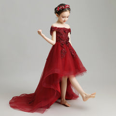 Little Kids Burgundy Trailing Mesh Dresses Lace Flower Girl Communion Dress Bandage Asymmetrical Prom Gown