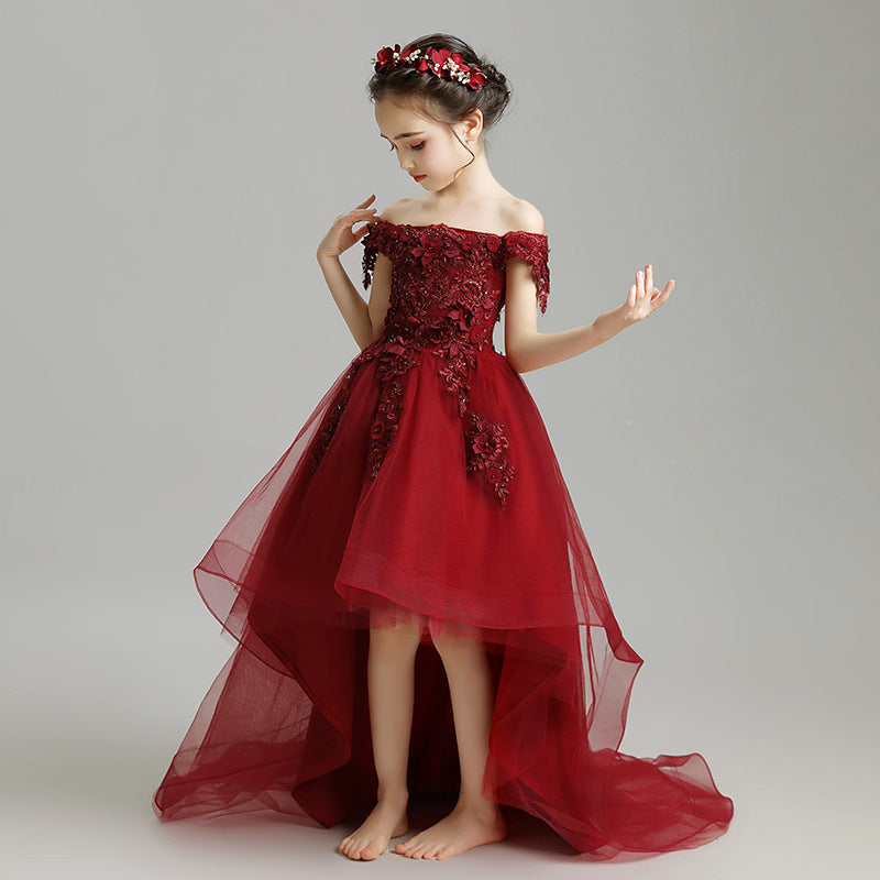 Little Kids Burgundy Trailing Mesh Dresses Lace Flower Girl Communion Dress Bandage Asymmetrical Prom Gown