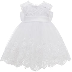 Pure White Lace Dresses for Baby Girls Cute Flower Girl Dress with Big Bow Classic Round Necked Gown