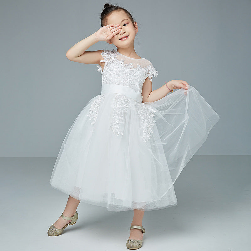 First Communion Dress Tea Length Tulle Gown Princess Dresses Embroidery Sheer