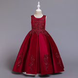 Flower Girl Dresses with Bow Kid's Sleeves Floor Length Gown Classic Round Neck Embroidery Dress