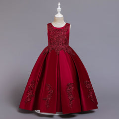 Flower Girl Dresses with Bow Kid's Sleeves Floor Length Gown Classic Round Neck Embroidery Dress