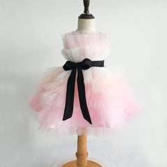 Multi Tulle Gown Pink and White Sleeveless Flower Girl Dresses with Black Sash