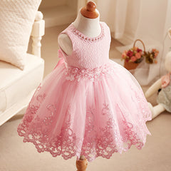 Cute Soft Lace Dresses with Bow for Little Girls Sleeveless Ball Gown Embroidery Sheer