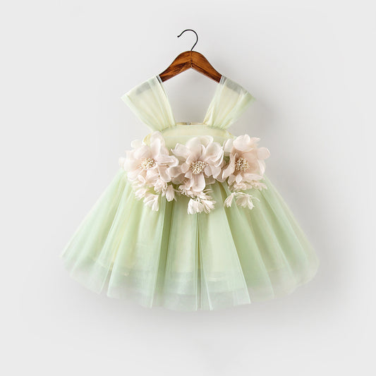 Green Wide Slip Dress with Pink Flowers Girls Party Dress Cute Tulle Skirt with Strapes