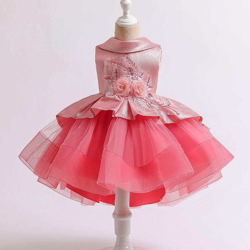 Kids Round Necked 3D Flowers Embroidery Princess Dress High Low Party Dress Round Collar