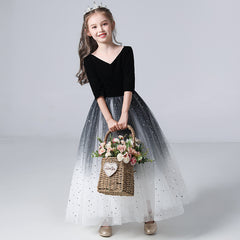 Half Sleeves Flower Girl Dresses Classic V N ecked Ankle Length Gown Sequins Tulle Gown