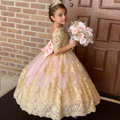 Flower Girl Dress Princess Gown V Back Dress Girls' Dance Dress Floor Length Prom Tulle Gown with Pink Bow