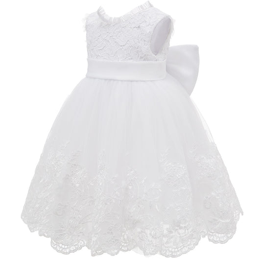 Pure White Lace Dresses for Baby Girls Cute Flower Girl Dress with Big Bow Classic Round Necked Gown